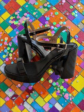 MIX NO 6 Black Patent Platform Sandals Heels Size 9W